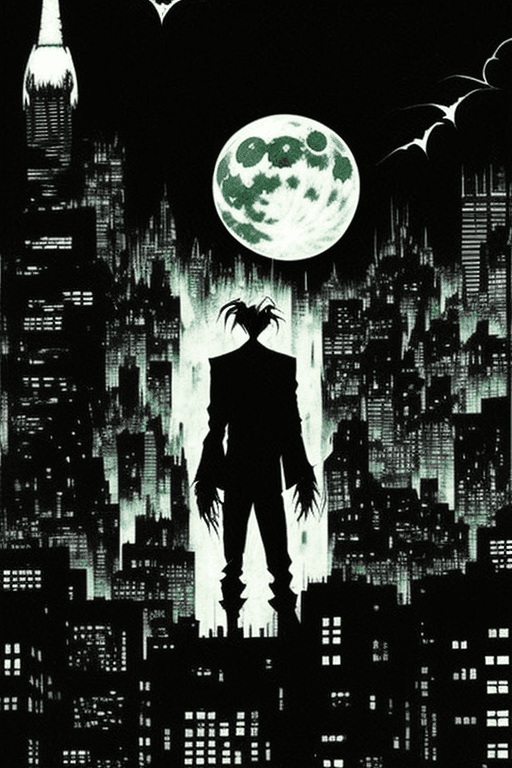 AI generated: the joker, background Gotham city, full moon, tall buildings with lights, spotlight sends bat-signal...