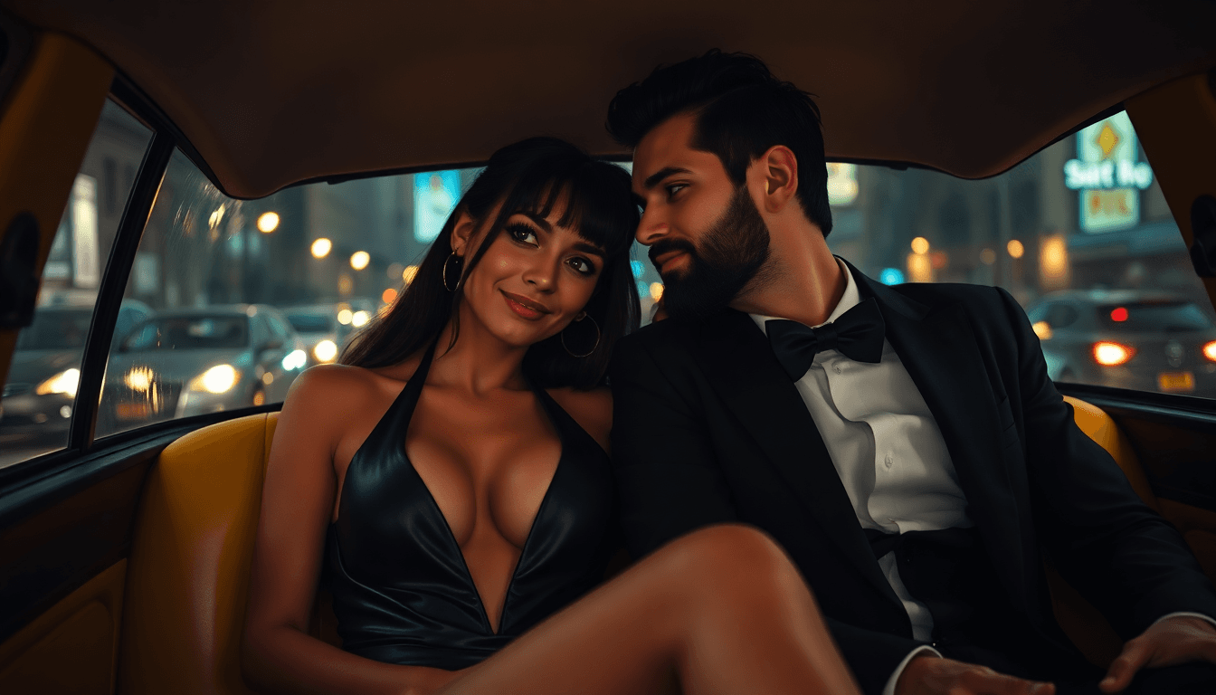 AI generated: Interior of a yellow cab at night. A Caucasian couple (Lilith and Jon) in the back seat. Lilith (plu...