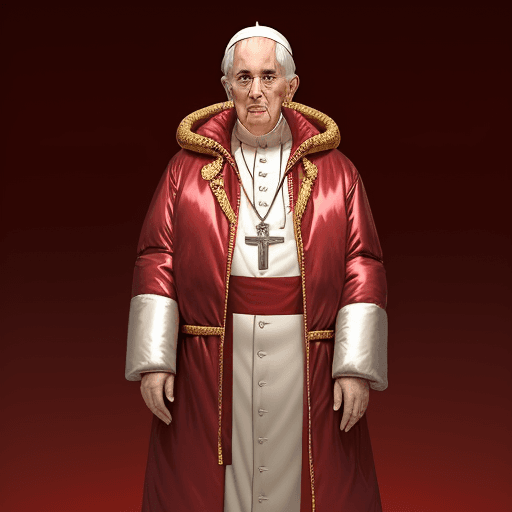 AI generated: The Pope wearing a full length red down shiny puffy jacket, gold cross jewelry, gold rings --q 5 --v...