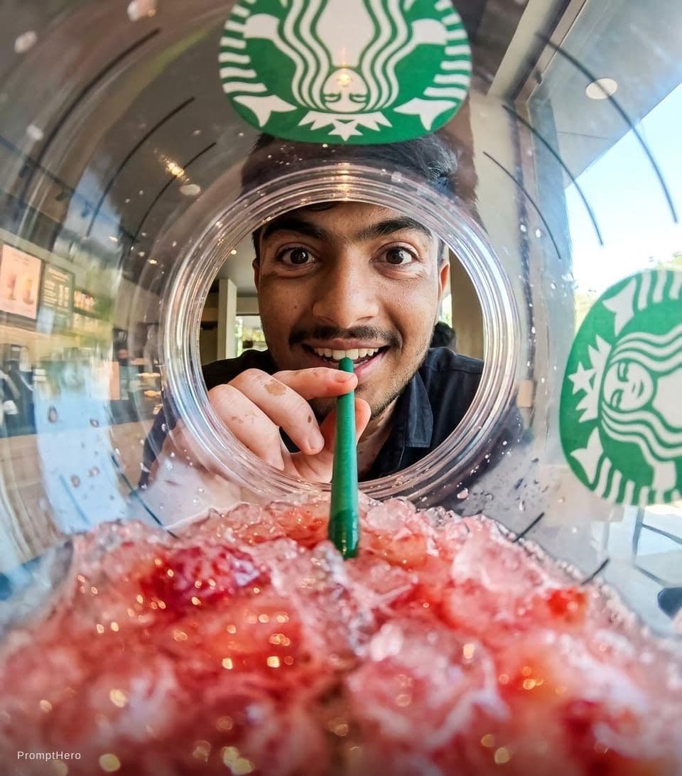 AI generated: {
  "prompt": "View from inside a Starbucks strawberry frappuccino cup looking up, fisheye lens extr...