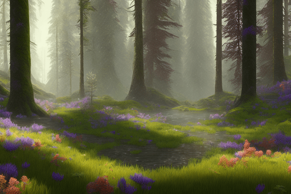 AI generated: pacific northwest, forest, wildflowers, raining, 4k highly detailed digital art, 4 k hd wallpaper ve...