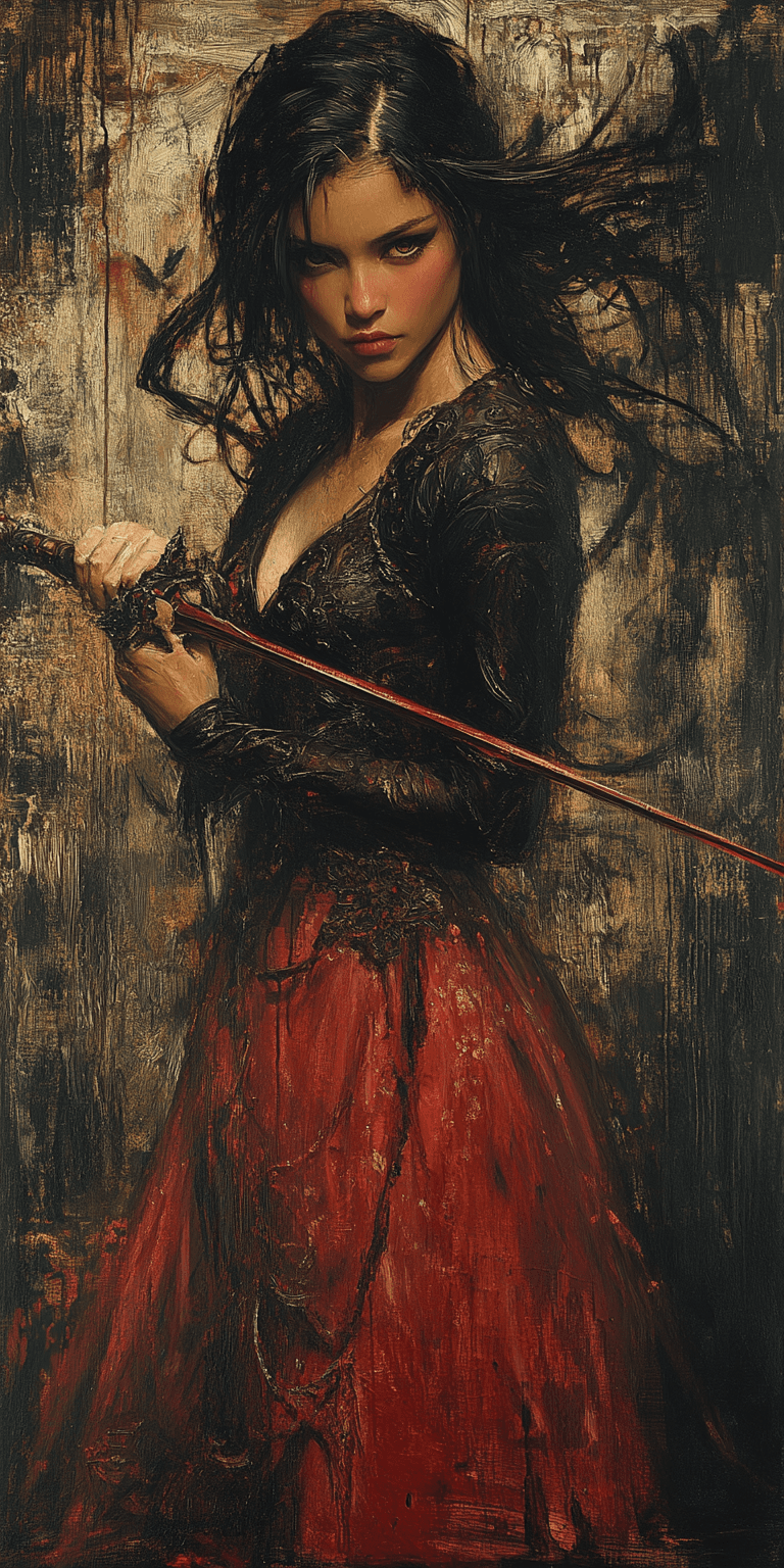 AI generated: A fierce woman stands poised with a sword in her hand, her piercing gaze directed at the viewer. She...