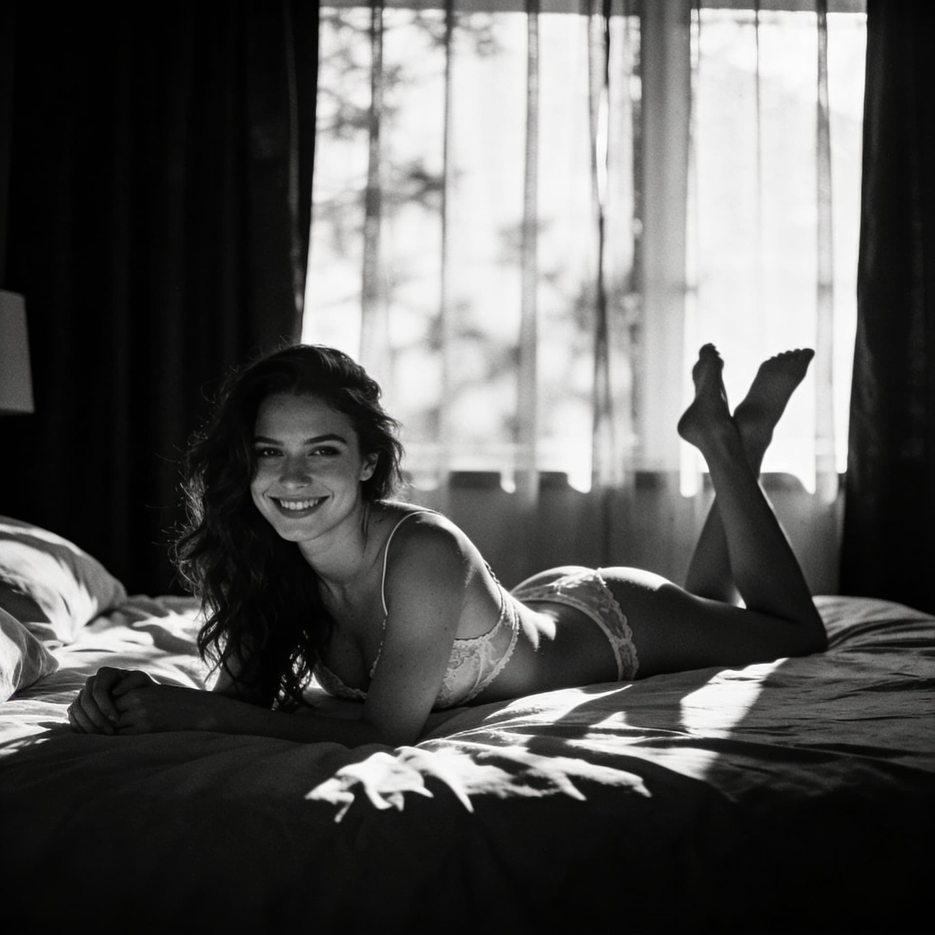 AI generated: Whole body photo of a gorgeous lady wearing skimpy nighties on the bed, seductive smile, daytime, de...
