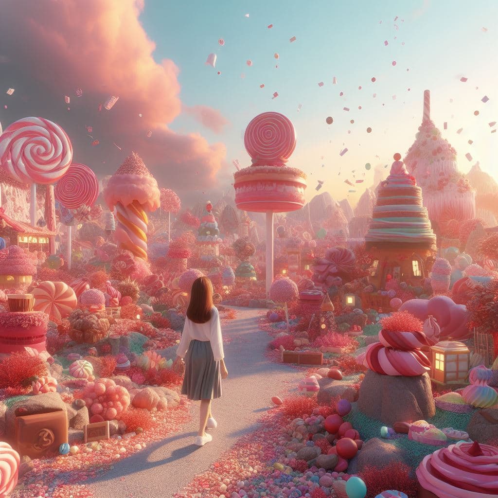 AI generated: a fantasy world made only of sweets,cakes,chocolates,candies,lollies,very detailed,photorealistic,dy...