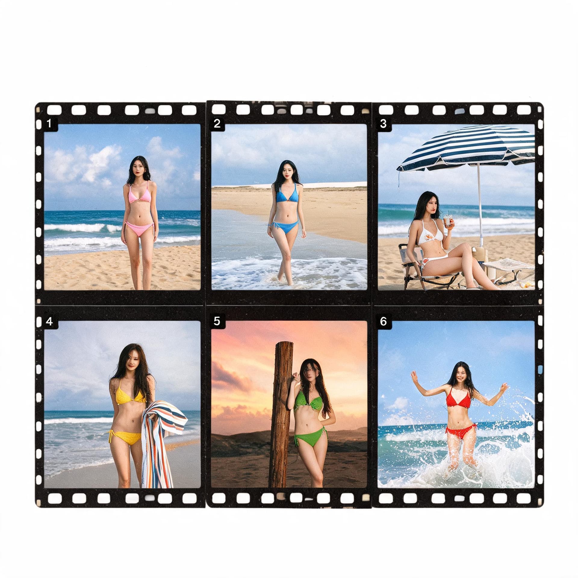 AI generated: contact sheet of 35mm shots of micro-bikini models in beach scenes 









