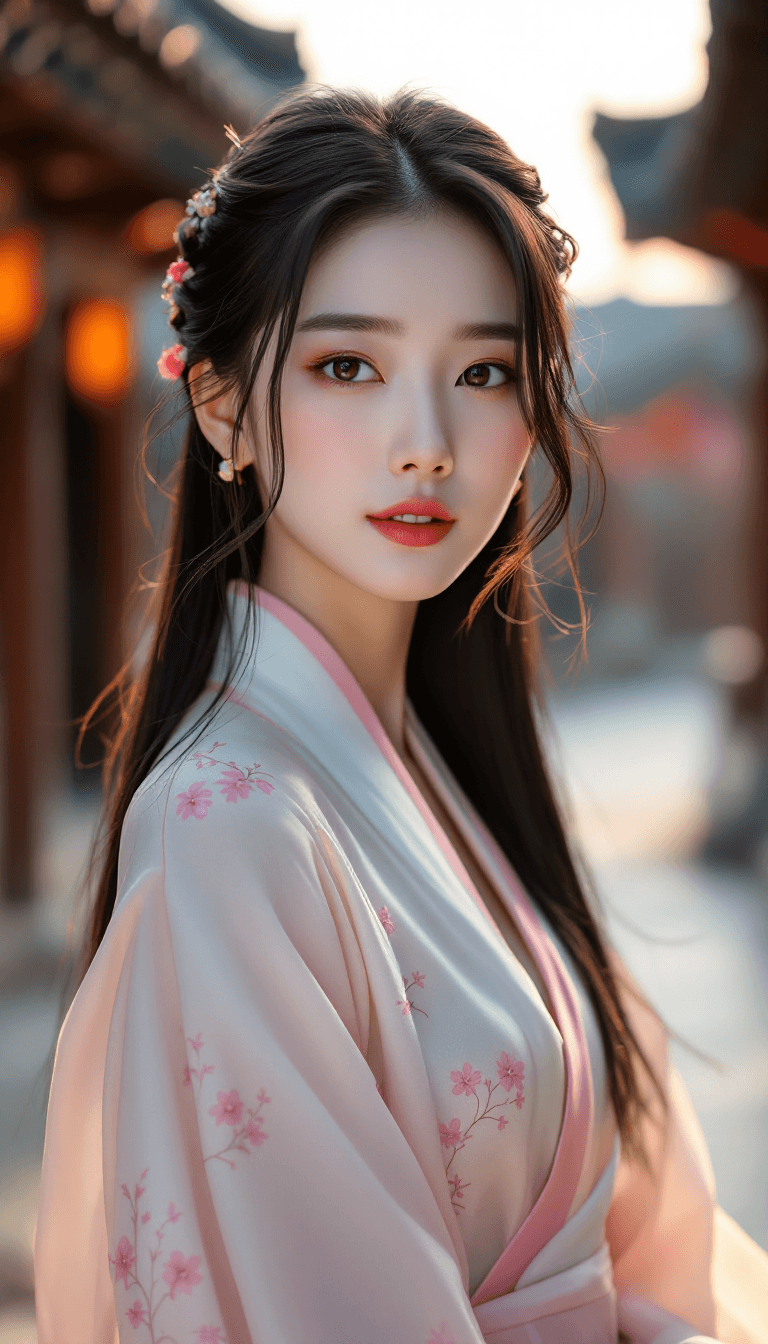 AI generated: /imagine prompt: A striking Korean woman with pale, porcelain skin, straight jet-black hair framing ...