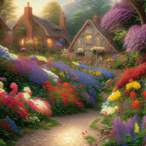 AI generated: Multicolored dahlias gladioli lilies irises roses in a cottage garden ala Thomas Kinkade, 3D, 8K