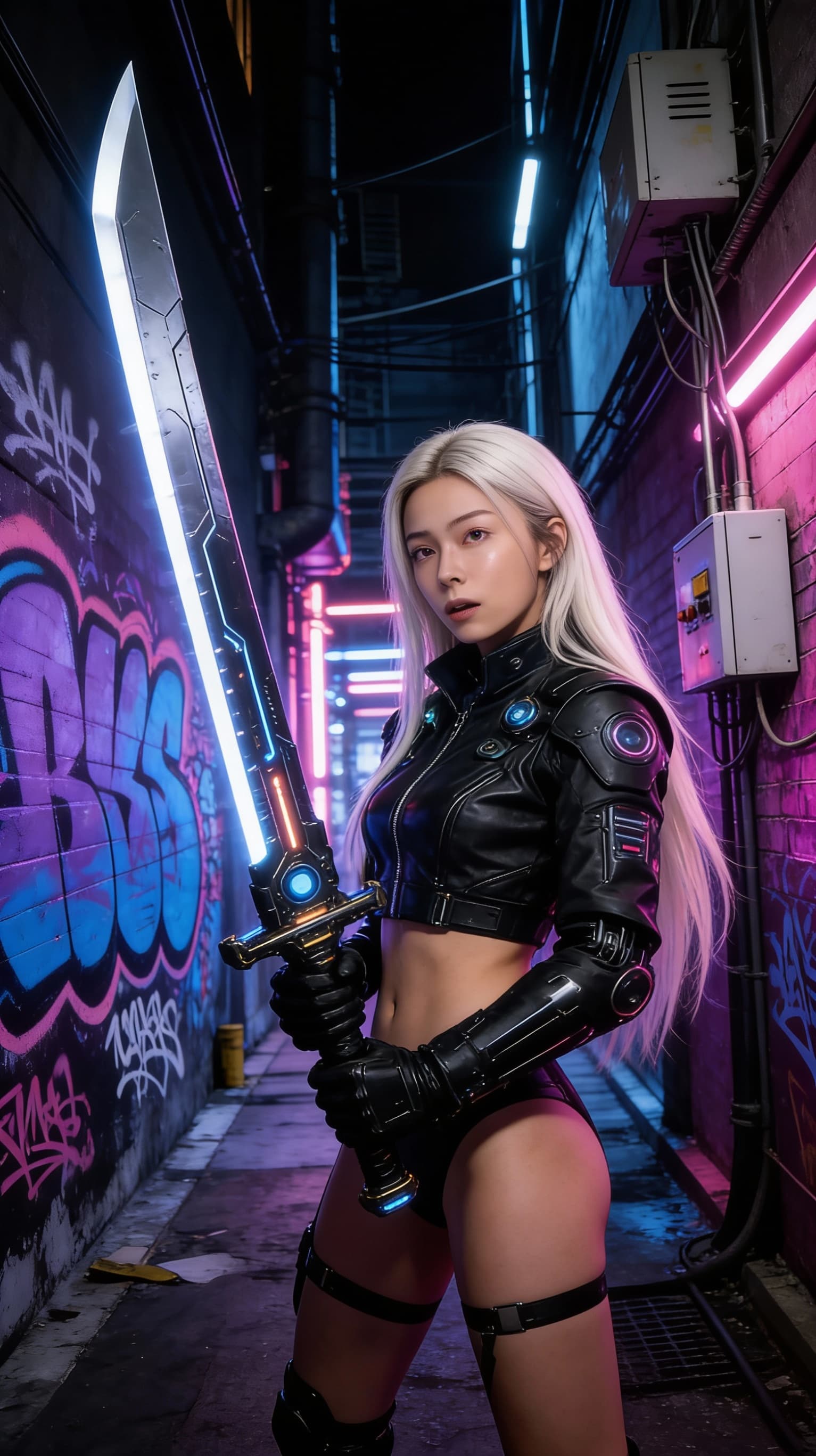 AI generated: A futuristic cyberpunk female warrior (1:1 resemblance to the woman in the reference picture) with l...