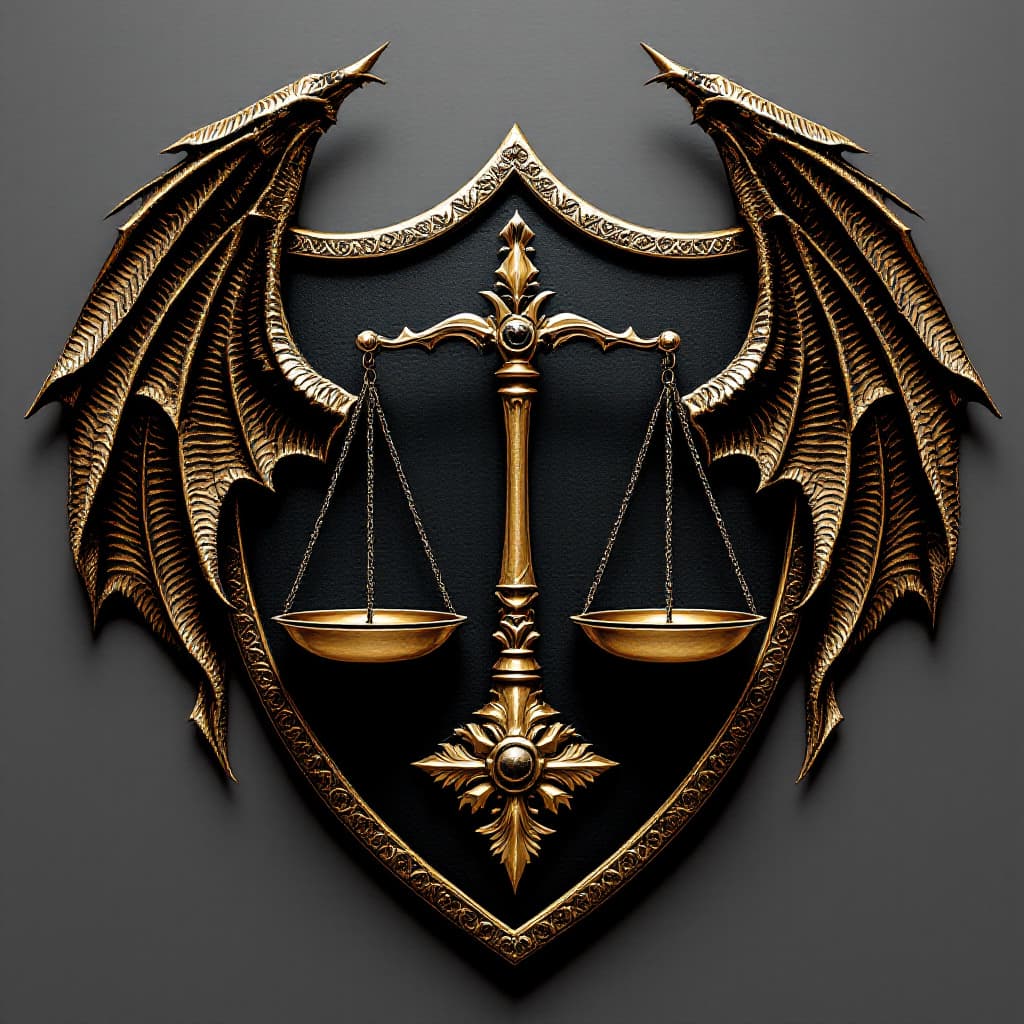 AI generated: emblem with the scales of justice flanked by dragons wings on a shield
