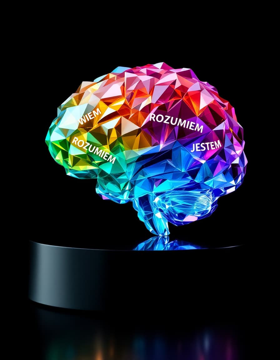 AI generated: a colorfull crystal model of human brain on which there are subtitles "WIEM" "ROZUMIEM" "JESTEM" on ...