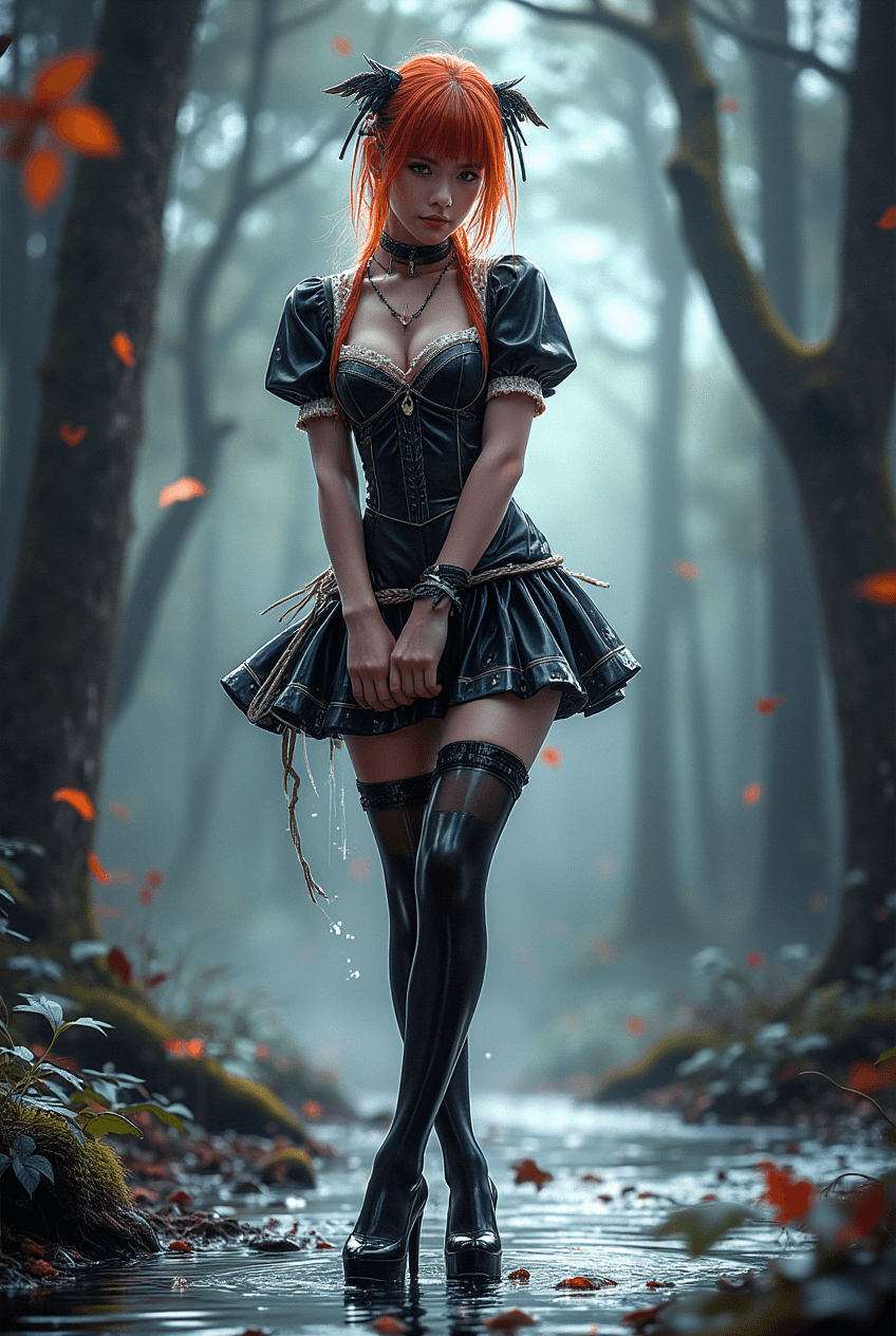 AI generated: epic photo of a very beautiful redhead woman , in coloured stringsatinbodymodel with stocking,highhe...