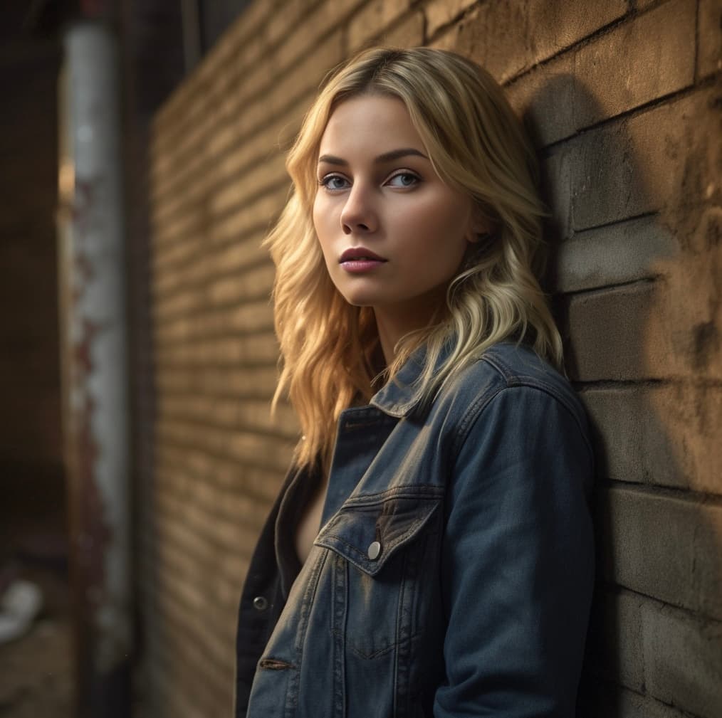 AI generated: A beautiful blonde girl leaning against a wall in a dark alleyway in a film directed by Vince Gillig...