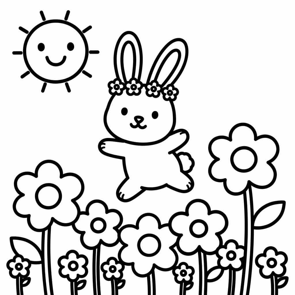 AI generated: A happy bunny jumping through a field of big flowers wearing a small flower crown with a smiling sun...