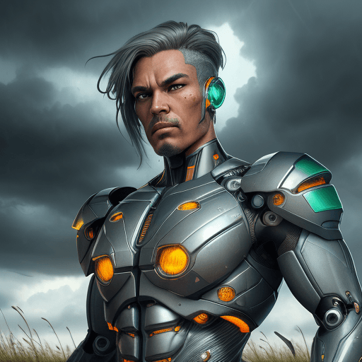 AI generated: Cyborg with body covering partly metallic and leathery with holes. Cyborg sits on a surface framed w...