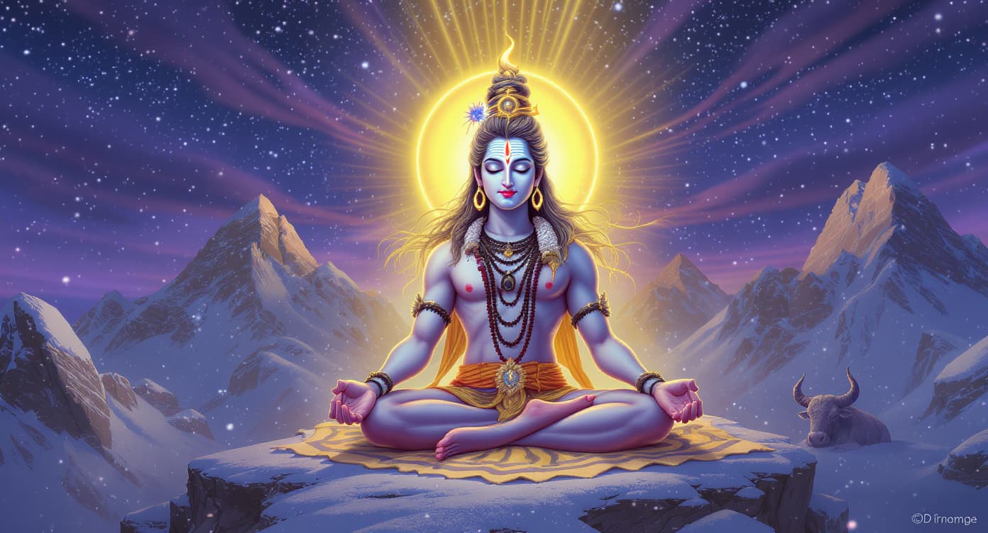 AI generated: Lord Shiva in deep meditation atop Mount Kailash, seated in padmasana on a tiger skin, snow-capped p...