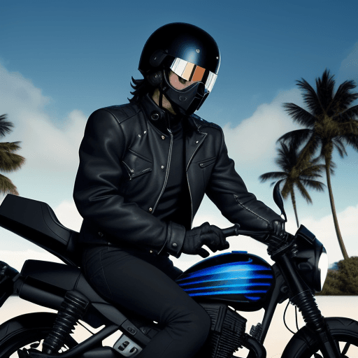 AI generated: an adventurous biker with crossed arms, long-sleeved jacket, torso slightly tilted to the right, wit...