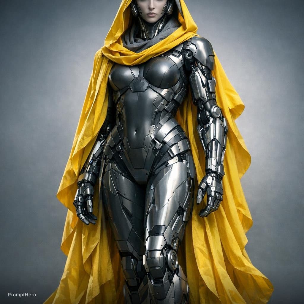 AI generated: rendering, futuristic cyberpunk aesthetic figure, front composition, full-body, gaze, matte grey met...