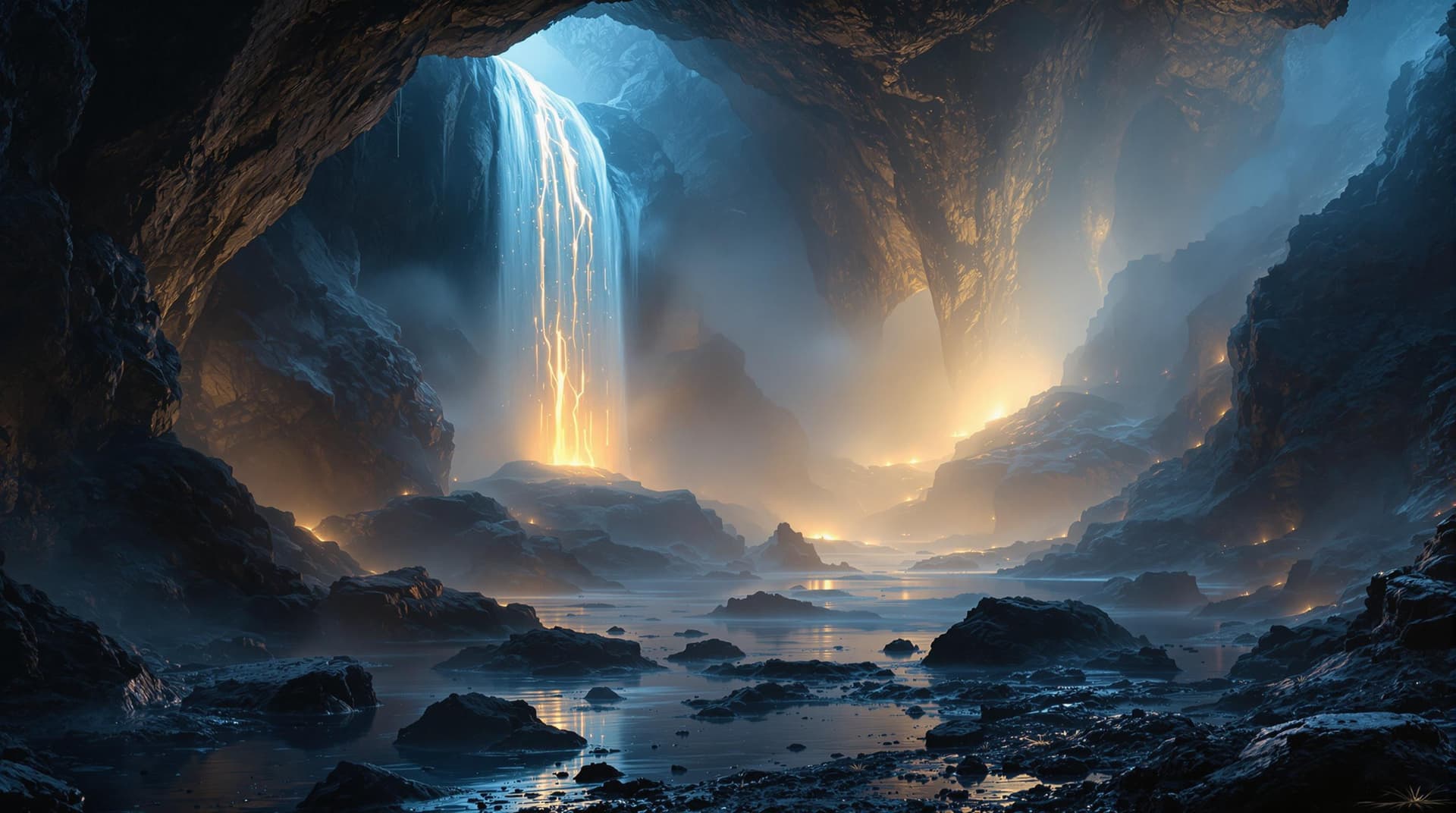 AI generated: a cinematic, fantasy landscape underground with an ethereal, glowing waterfall, surrounded by misty ...