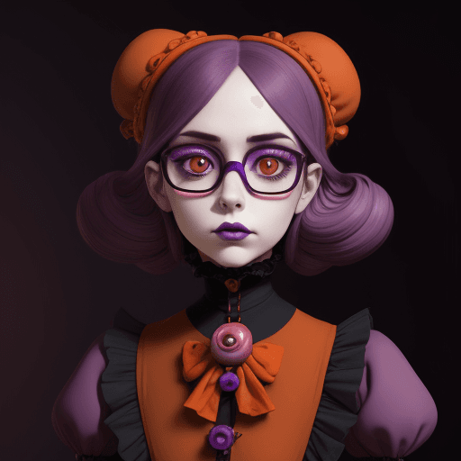 AI generated: cartoon girl with glasses, purple, in the style of natalie shau, dark orange and red, junya watanabe...