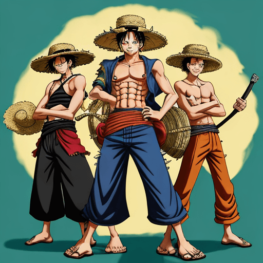 AI generated: Luffy, gear five, one piece theme, uhd image, With Straw Hat With His crew Members Standing beside H...