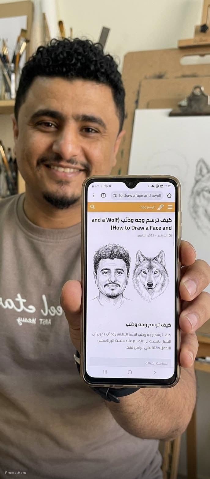AI generated: The image depicts a screenshot of a mobile phone displaying a webpage in Arabic, featuring a sketch ...