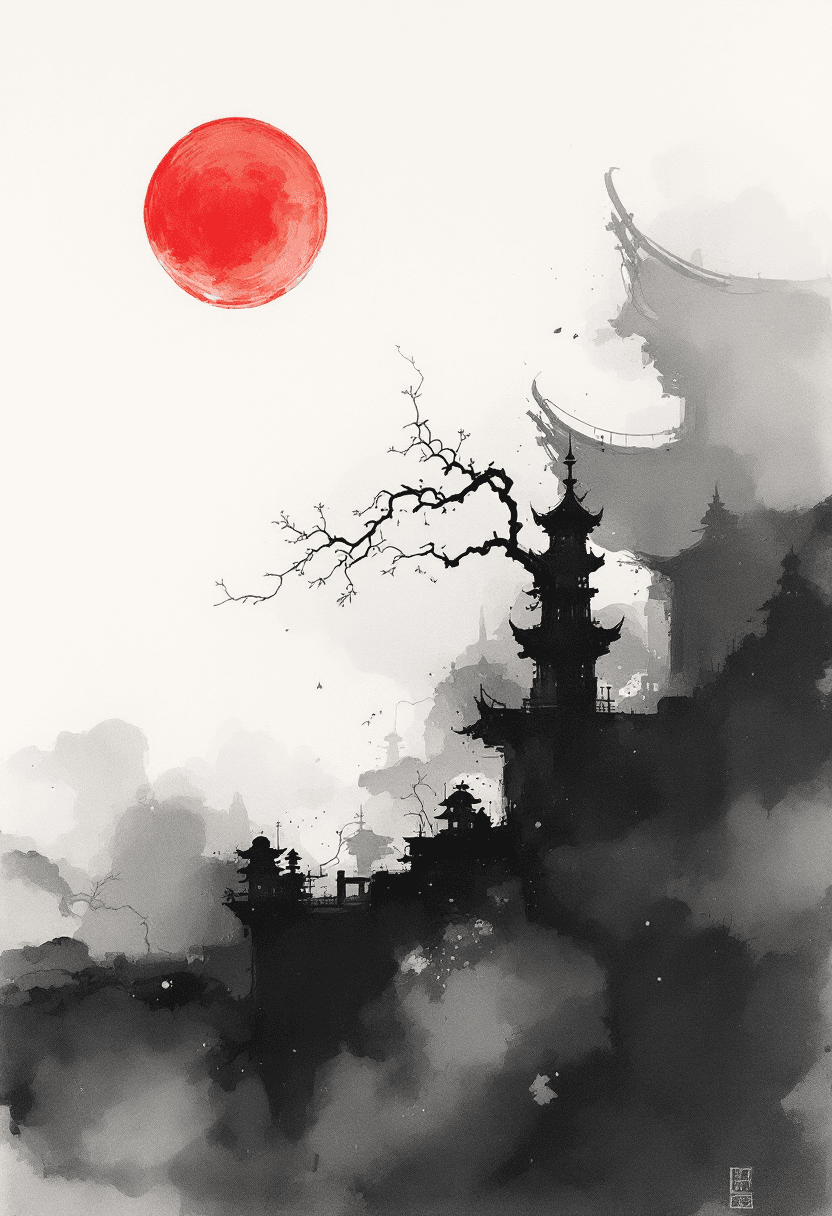 AI generated: Abstract ink wash painting, inspired by a serene Asian landscape, flowing black ink, hazy white mist...