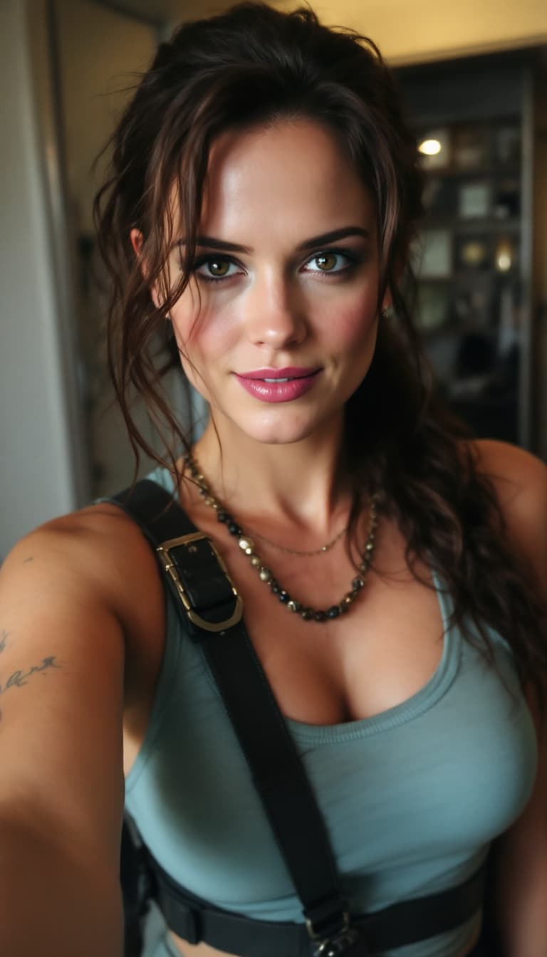 AI generated: Hayley Atwell, Tomb Raider 2013,shot on a iPhone selfie photo, sky blue tank tshirt 