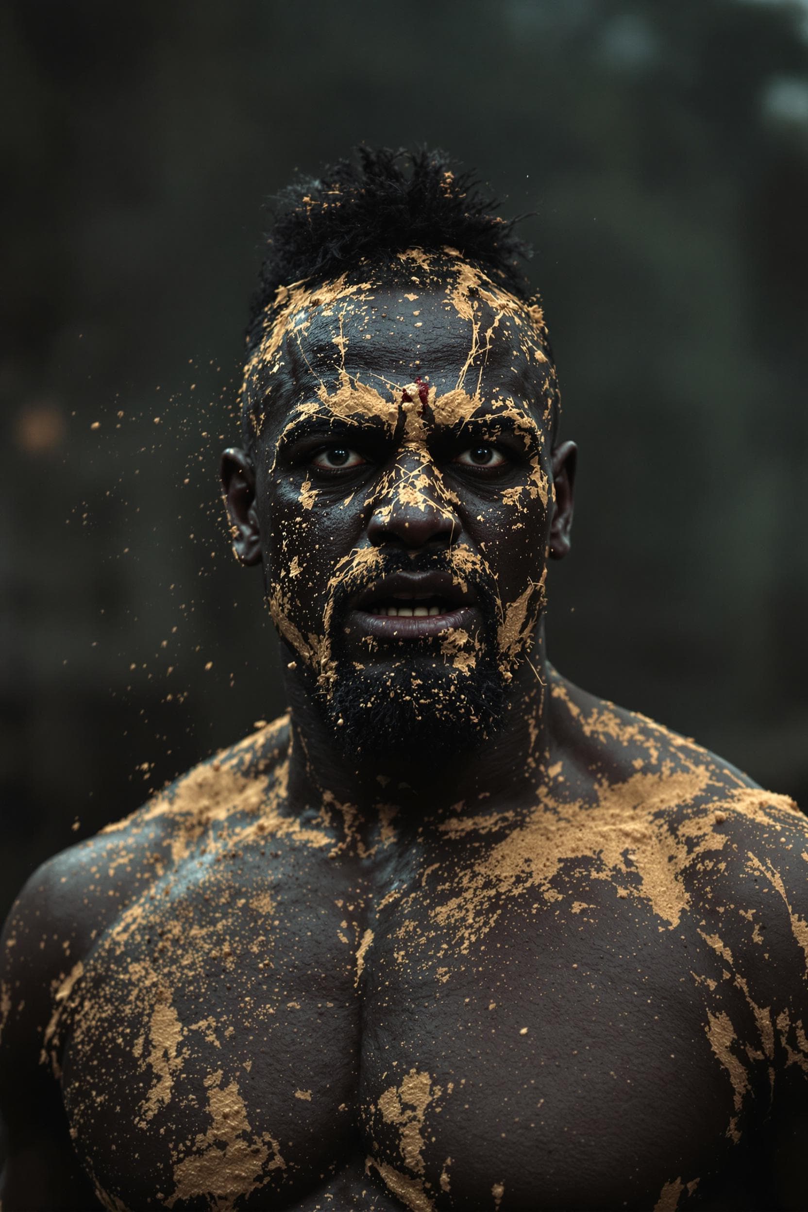 AI generated: The African American gladiator stands after the battle, fear and horror on his face, tired and beate...