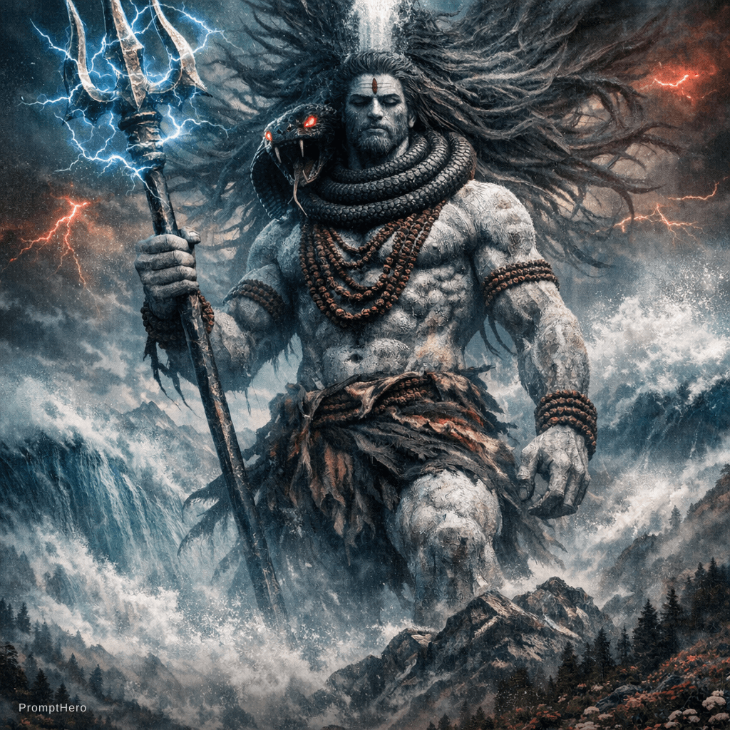 AI generated: "Full-body cinematic POV Hollywood shot of a colossal, mountain-sized Jatadhari Mahakal (Lord Shiva)...