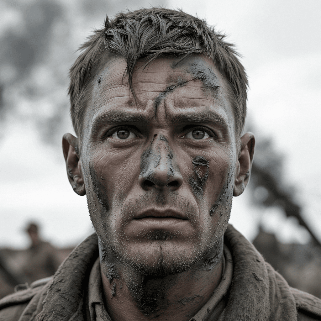 AI generated: A cinematic, hyperrealistic black-and-white tight portrait of a WW2 Russian soldier, seen straight a...