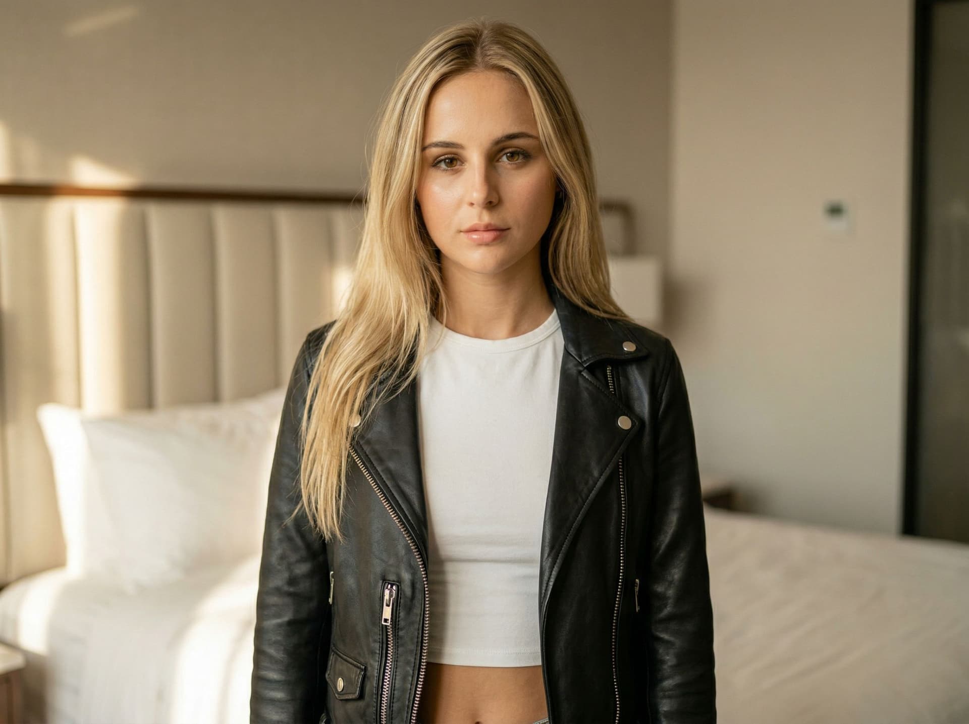 AI generated: A beautiful athletic young woman with blonde hair and fair skin, petite body and flat chest, small b...