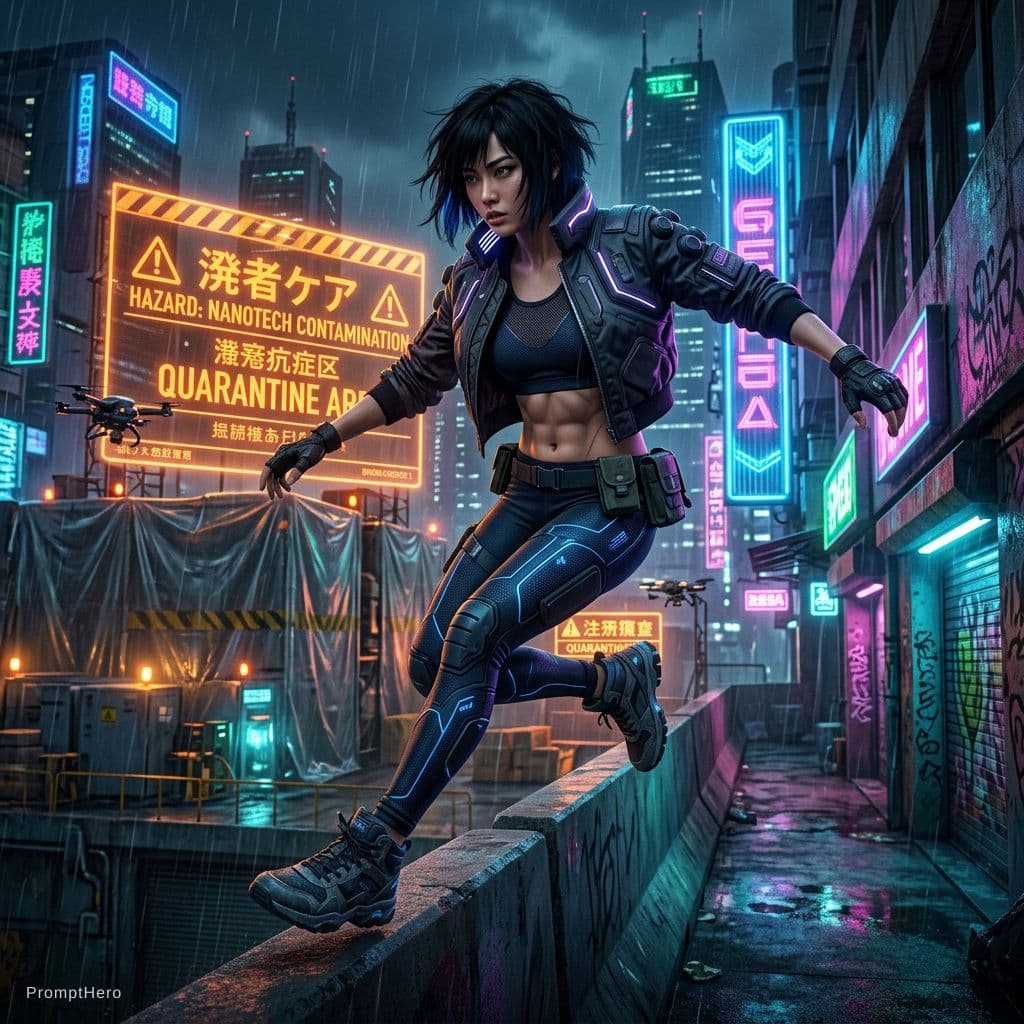 AI generated: cyberpunk game style a photo of a slim, small breast, flat chest, abs, young asian female supermodel...