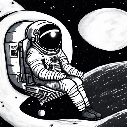 AI generated: Illustration of an astronaut sitting in outer space, moon behind him, sci-fi, dark palette monochrom...