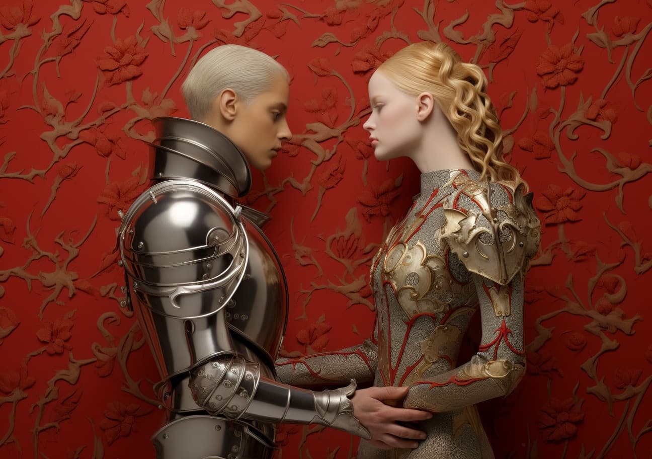 AI generated: a couple dressed in armor, facing each other on a wall, walter crane, meticulous photorealistic stil...