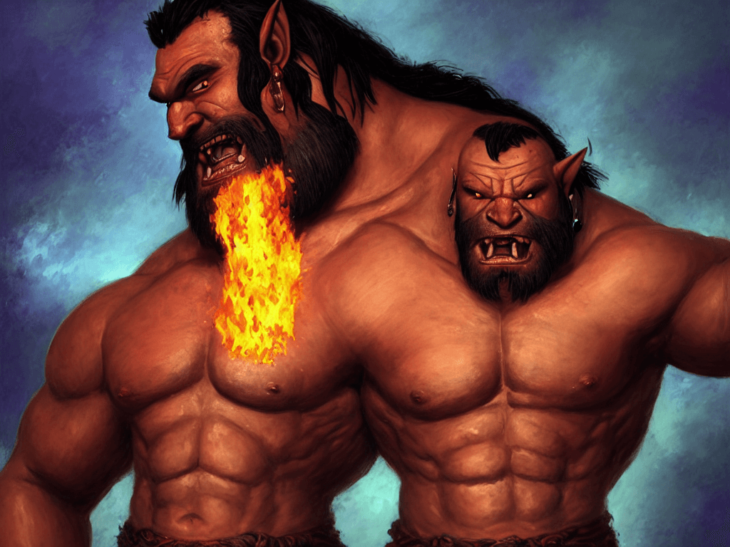 AI generated: tattooed, muscled sweaty shirtless half - orc barbarian champion with a full dark beard, visibly thi...