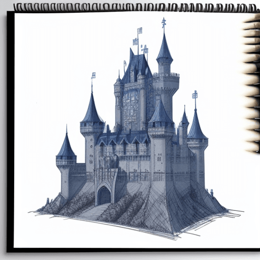 AI generated: detailed with notes, ink sketch of medieval castle slick design clean lines blueprint perfect awesom...