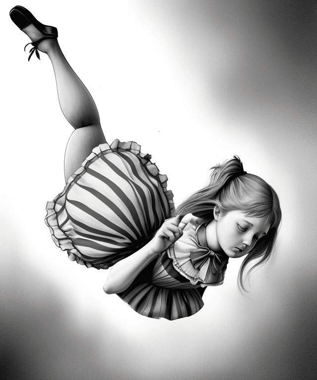 AI generated: realistic drawing 
alice from alice in wonderland falling from the sky horizontally 
body facing upw...