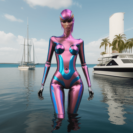 AI generated: commercial photo of a stunning woman standing in water near a boat, in the style of colorful futuris...