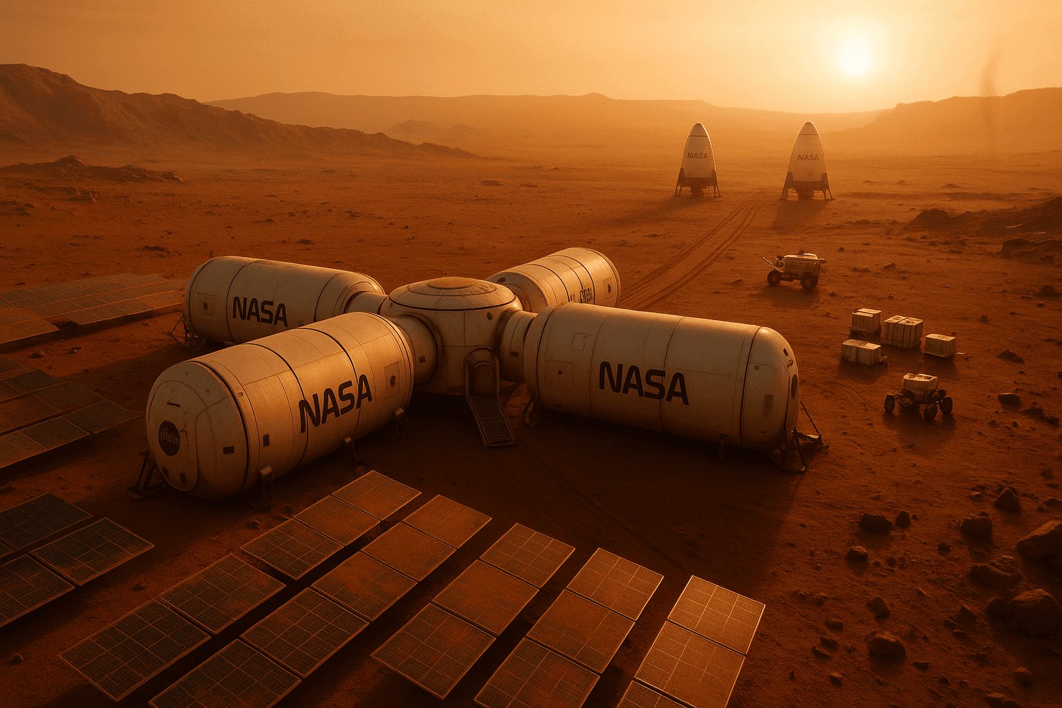 AI generated: A sweeping cinematic shot of a NASA Mars surface habitat under the warm, dusty orange glow of a Mart...