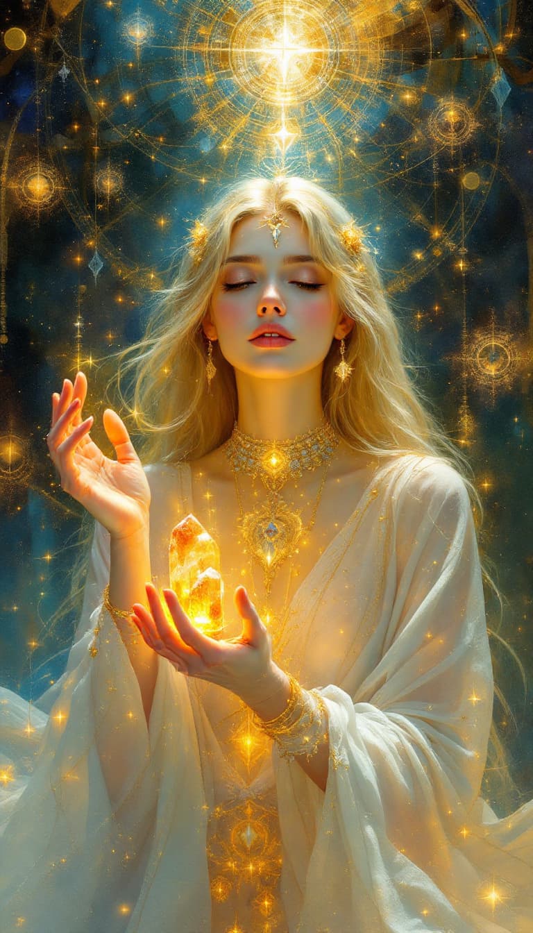 AI generated: "Golden Mystic in an Ethereal Temple": A mesmerizing abstract painting showcases a mystic, exuding b...