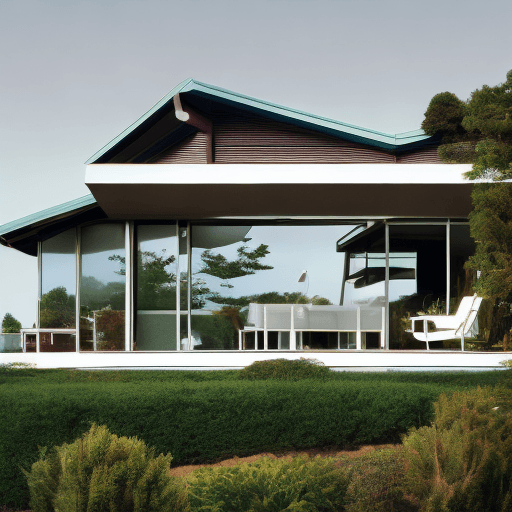 AI generated: Hyper realistic eye level exterior photo of a mid century modern style house overlooking the ocean, ...