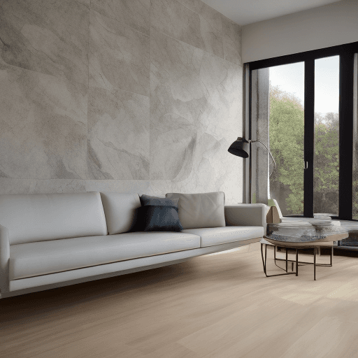 AI generated: Photograph, contemporary living room, soft light of morning, integration of beige flooring and matte...