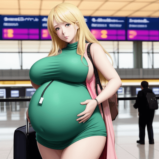 AI generated: Very pregnant anime girl, at the airport, huge belly, very big boob and ass,ultra realistic, blonde ...