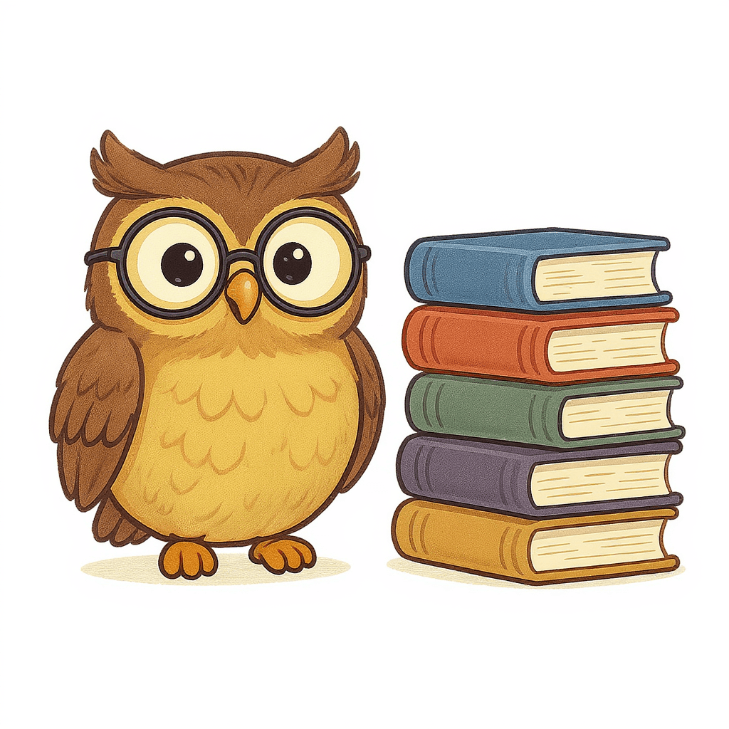 AI generated: An owl wearing round glasses, next to a pile of books in different colors. On a white background. ca...
