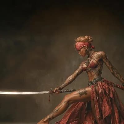 AI generated video: the woman sheathes her sword and takes a deep breath