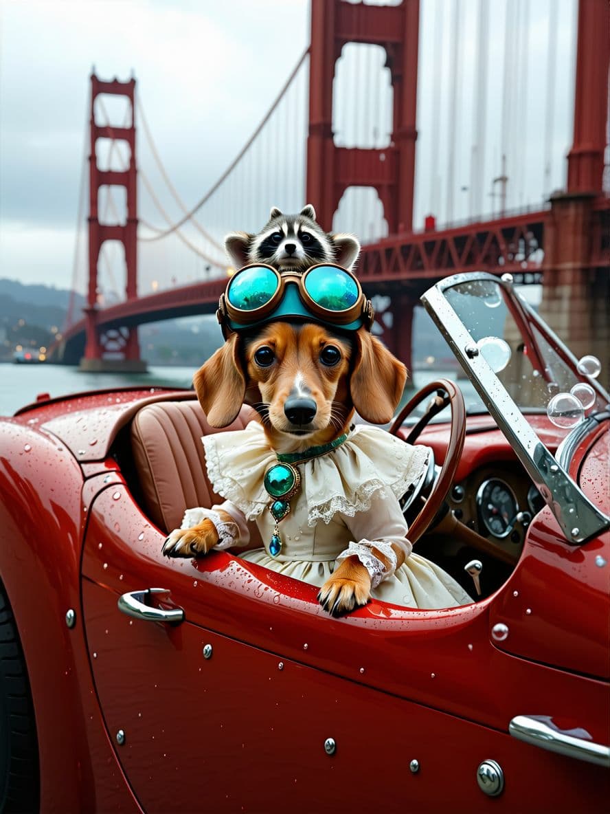 AI generated: A (miniature cream-colored Dachshund:1.3), resplendent in a (victorian floral gown:1.4) with a (ruff...
