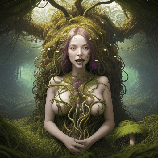 AI generated: The image depicts a Mycelium world, which is a fantastical and surreal environment. The central figu...