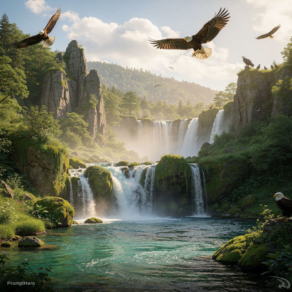 AI generated: Perfect place to visit- a lot of greenery, waterfalls, big birds like eagles, beautiful sky, +23