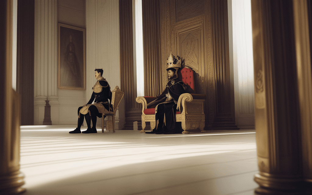 AI generated: Third person view from the side servant sitting on knees in front of the king with crown in empty th...