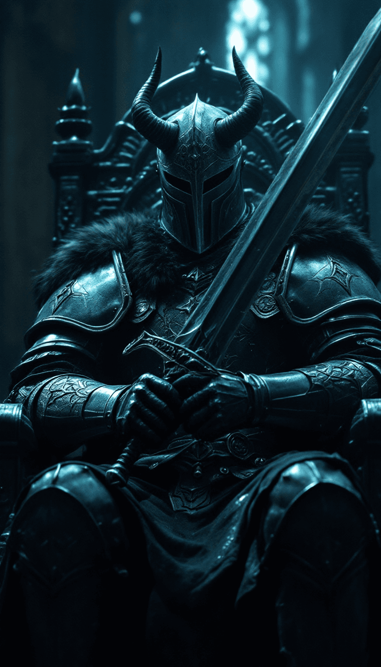 AI generated: A dark armored knight sitting on a gothic throne, gripping a massive broadsword with both hands, onl...